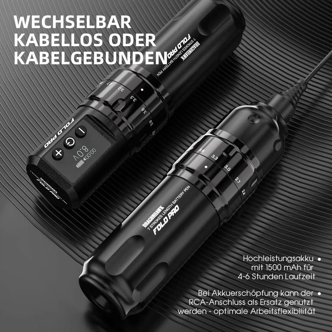 Dragonhawk Tattoo Maschine Set Fold Pro Kabelloser Tattoo Maschine Gun with 2 Batteries mit 7 Hübe 2.4-4.2mm 20 Stück Tattoo Nadeln für Linien und Sharding