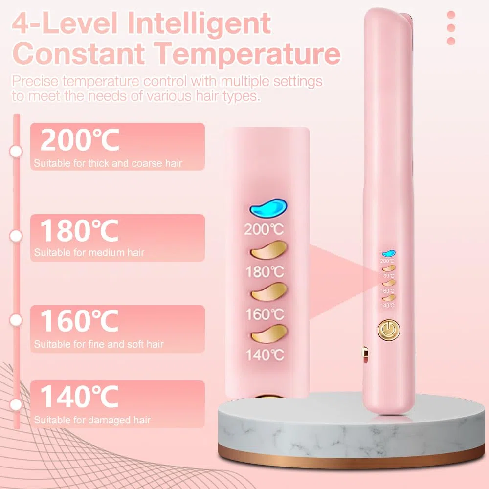 2 In 1 Mini Glätteisen Kabellos und Lockenstab, Hair Straightener, 4 Temperaturen, Wiederaufladbare Glätte, Mini Haarglätter für Langes, Kurze Haare, Glätten, Wellen, Locken Nach Innen (Rosa)