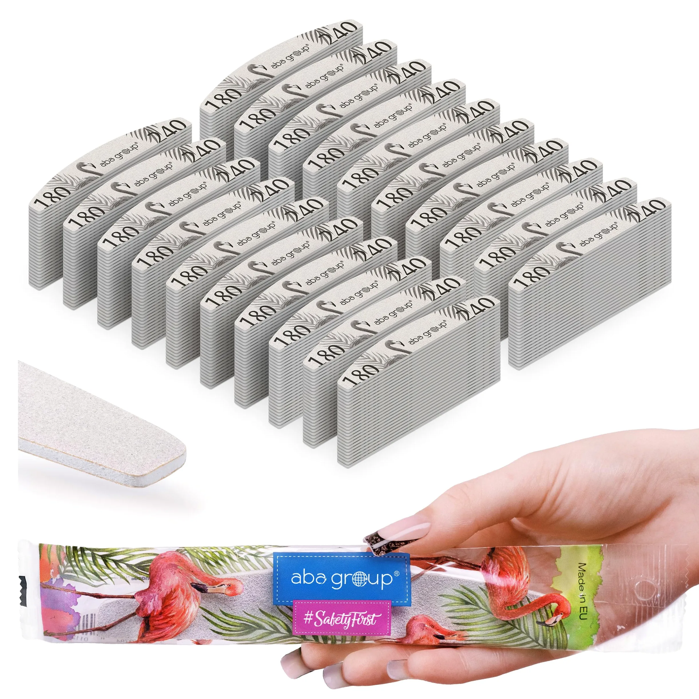 ABA GROUP Nagelfeile 180/240-500 Stück - Halbmond 2 mm Dick - Einzeln Hygienisch Verpackt - Profi Tools für Gel- und Naturnägel, Feilen für Gelnägel, Doppelseitige Nagelpfeile, Nail File Set