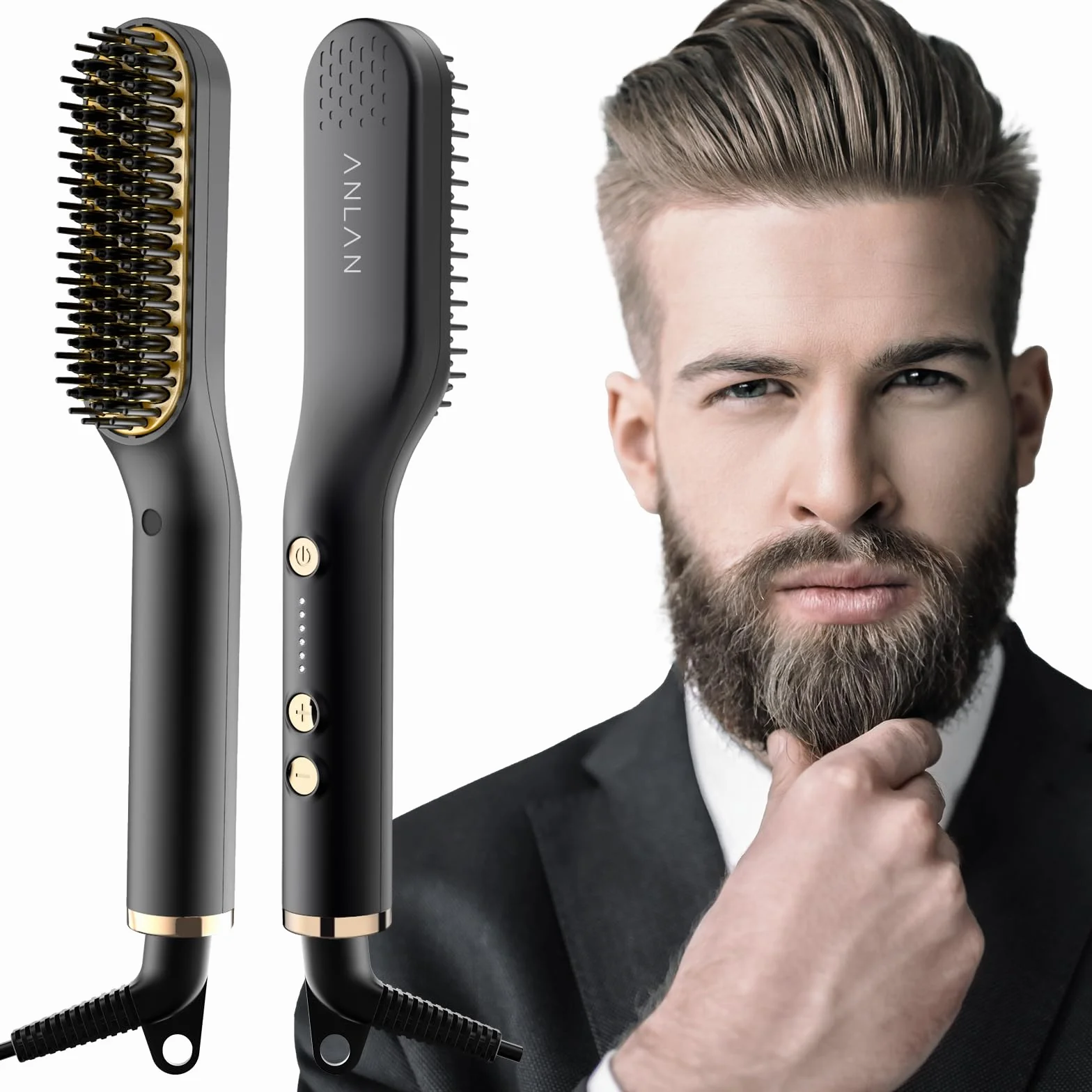 ANLAN , 2 in 1 Bartglätter für Männer und Mini Haarglätter, 5-Stufen Temperatur(120-200℃), 30er Schnell Beheizte, Ionischer Hair Beard Straightener Brush für Das Styling Von Bart und Haar