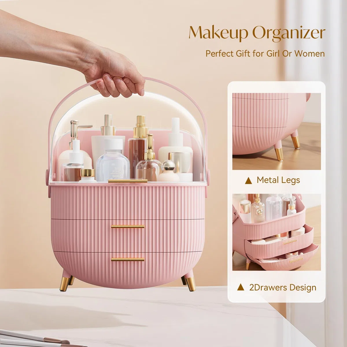 Make Up Organizer Kosmetik Aufbewahrungsbox Rosa tragbar für Schminktisch Badezimmer