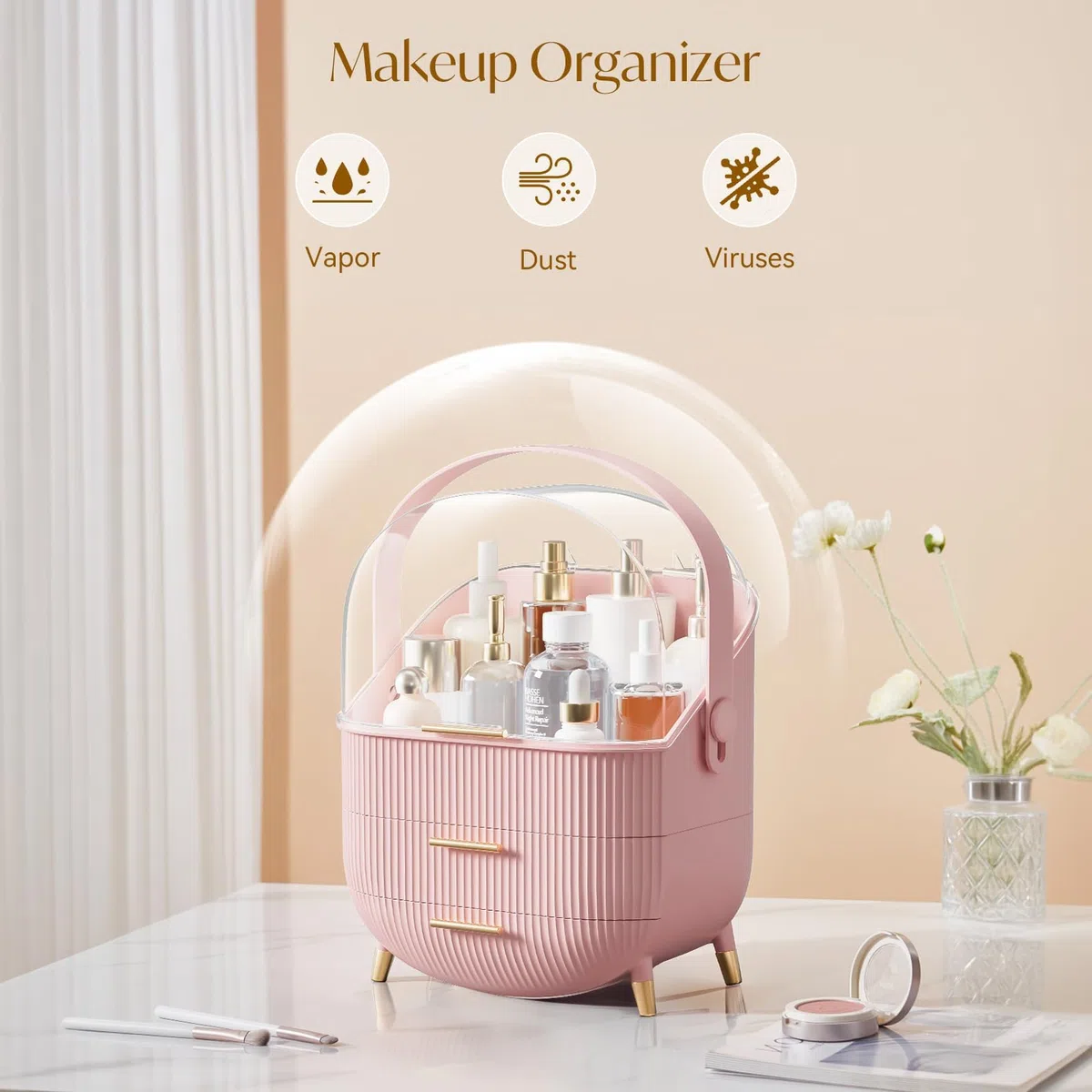 Make Up Organizer Kosmetik Aufbewahrungsbox Rosa tragbar für Schminktisch Badezimmer