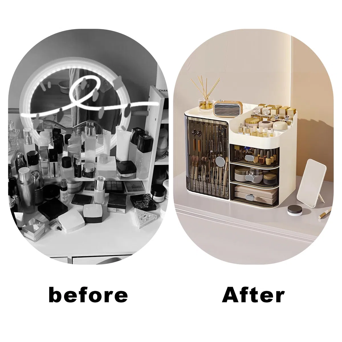 DASITON Make up Kosmetik Organizer mit 3 Schubladen,Großer Kosmetik Aufbewahrung Pinsel Organizer mit Spiegel,Makeup Organizer Schmink Aufbewahrung für Schminktisch,Badezimmer(Schwarz-Creme)