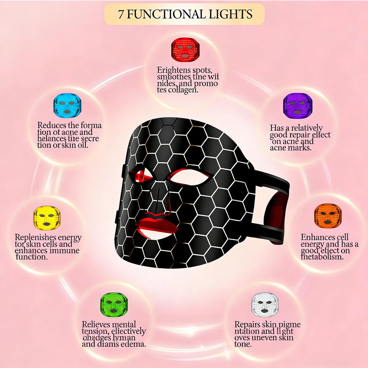 LED Gesichtsmaske, 7 Lichttherapien für Anti-Aging und Akne, Infrarot Lichttherapiemaske für Gesicht, Wiederaufladbare Silikon-Maske für strahlende Haut, Schwarz