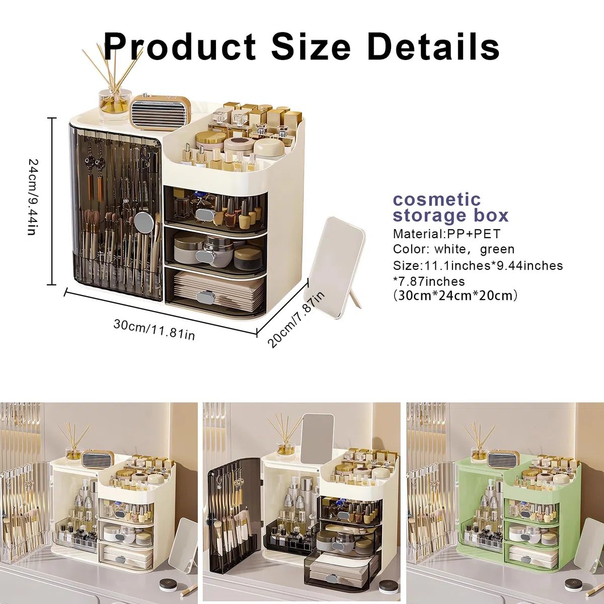 DASITON Make up Kosmetik Organizer mit 3 Schubladen,Großer Kosmetik Aufbewahrung Pinsel Organizer mit Spiegel,Makeup Organizer Schmink Aufbewahrung für Schminktisch,Badezimmer(Schwarz-Creme)