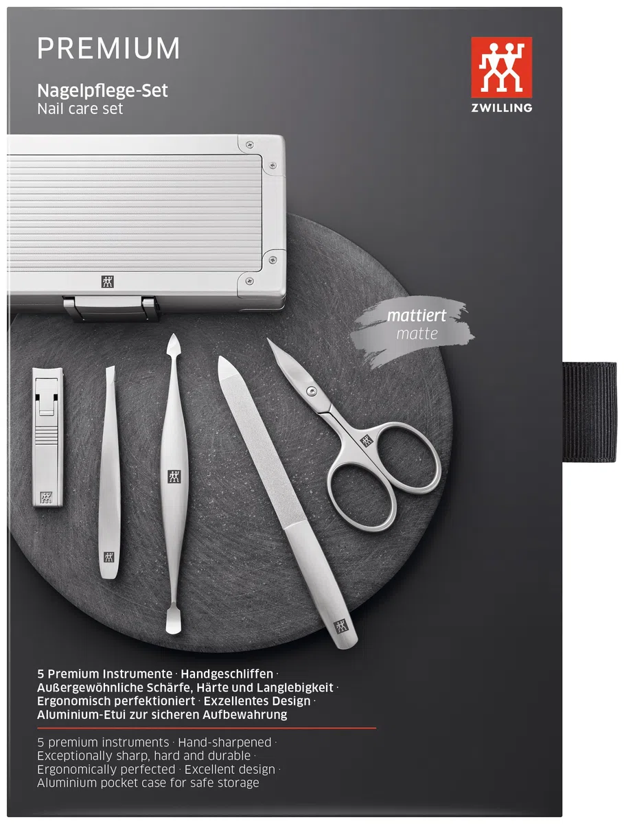 ZWILLING Maniküre-Set (5 teilig, Aluminium Case für Nagelpflege und Pediküre, Samt Inlay mit Kompakt-Nagelknipser), Premium, Schwarz