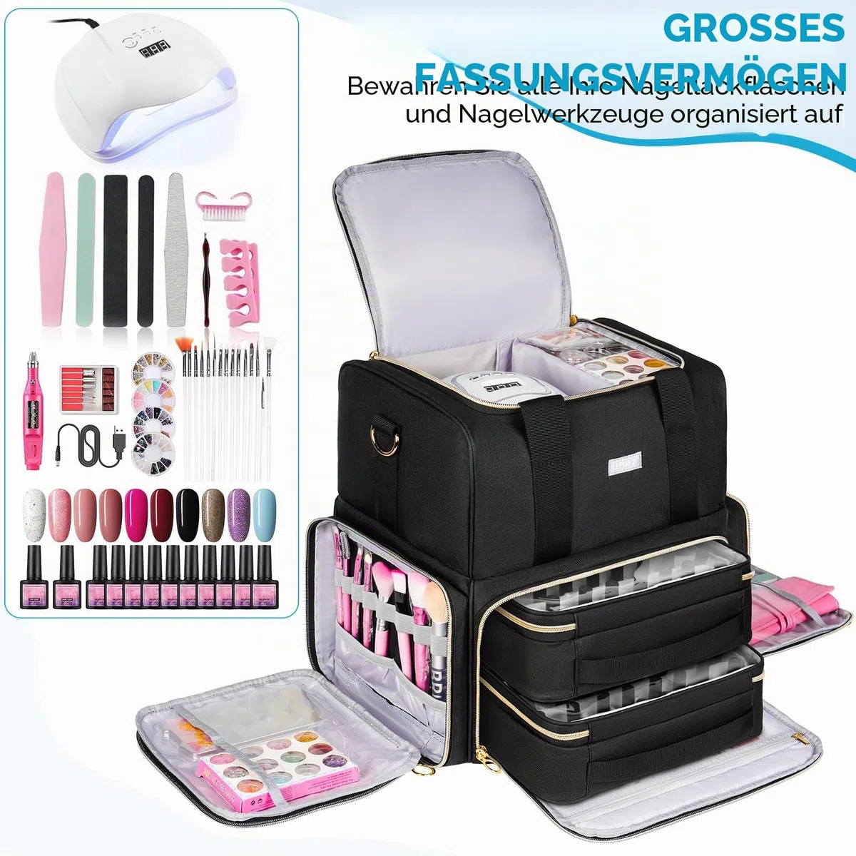 Nagellack Tasche Doppelschichtige Aufbewahrung Organizer für 80 Flaschen 15 ml Nagellampe Schwarz