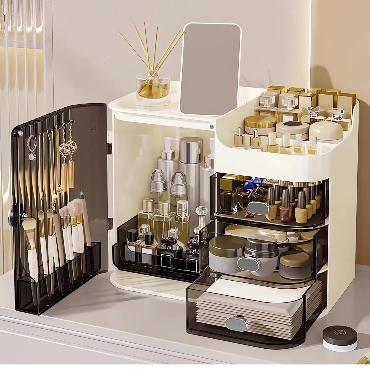 DASITON Make up Kosmetik Organizer mit 3 Schubladen,Großer Kosmetik Aufbewahrung Pinsel Organizer mit Spiegel,Makeup Organizer Schmink Aufbewahrung für Schminktisch,Badezimmer(Schwarz-Creme)