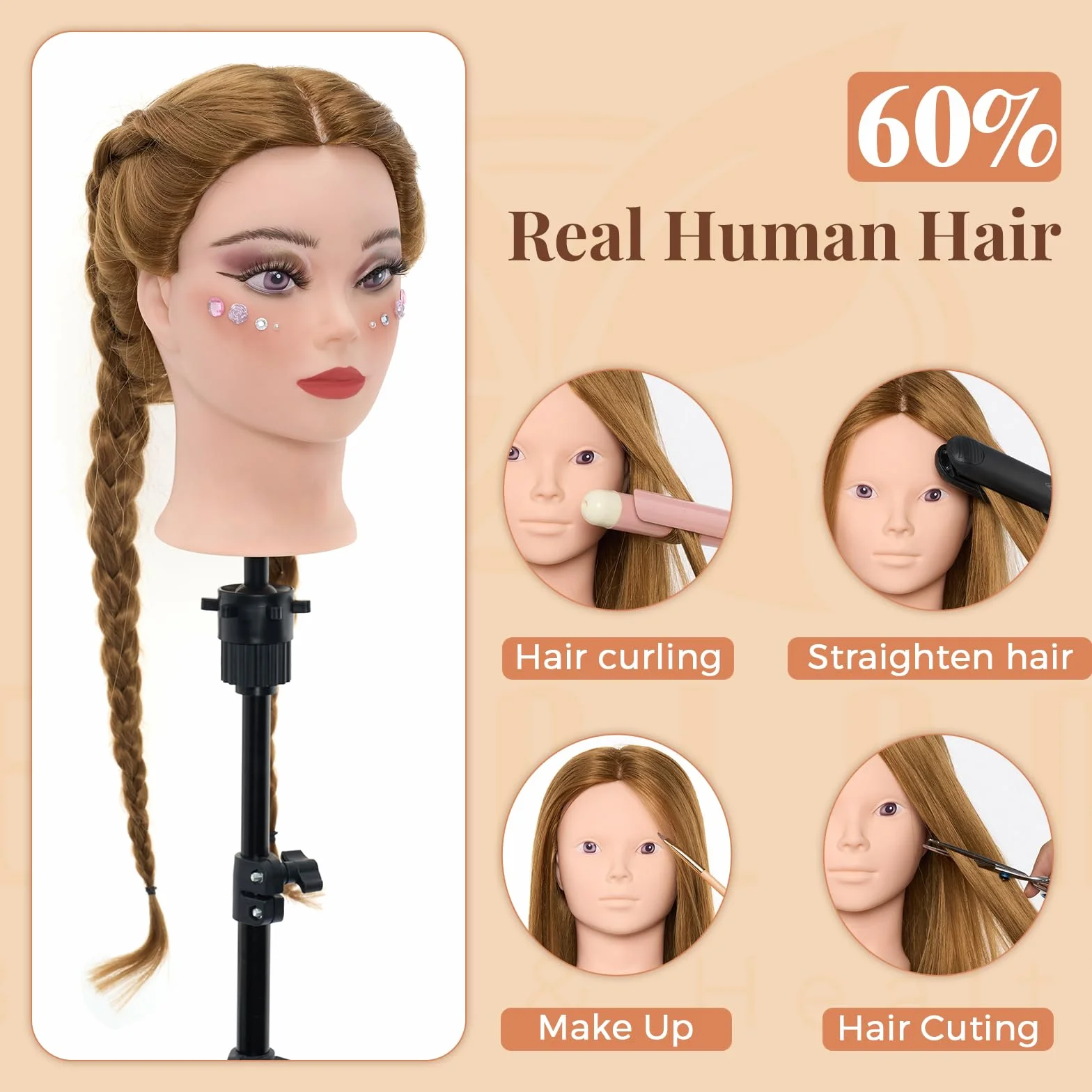 Neverland Frisierkopf Schminkkopf mit Puppenkopf Ständer, 60% Echtes Haar 28 Zoll Übungskopf zum Frisieren und Schminken, Trainingsköpfe für Haar-Styling mit Tischklemme+Haar-Styling-Set