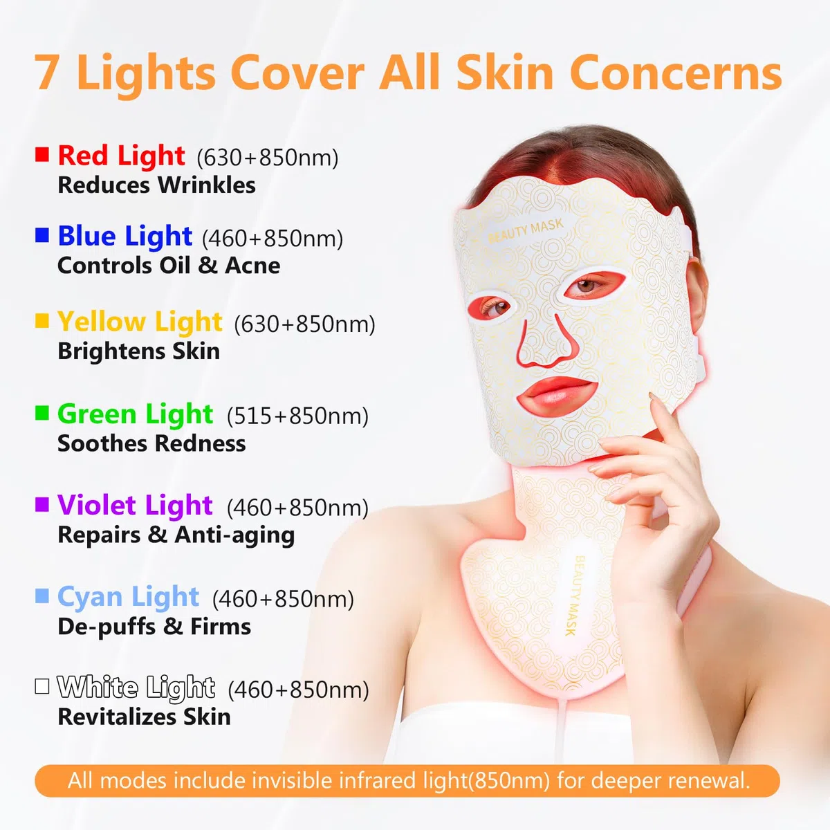 LED Gesichtsmaske Lichttherapie, LED Maske für Gesicht und Hals | 7 Farben Rotlichtlampe Maske Gesicht für Anti-Aging, Akne & Hautstraffung, professionelle Hautpflege für zu Hause Beauty Weiß