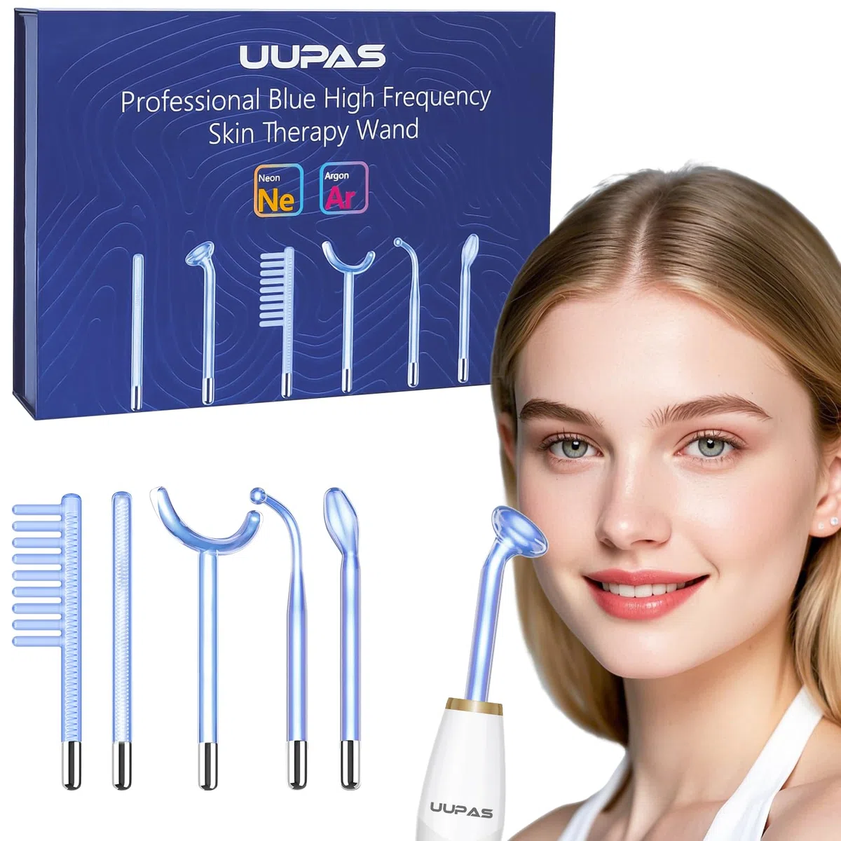 Hochfrequenzstab Gesicht - UUPAS 6 Blau Argon und Neon Gas HF Stab Akne Gerät - Hochfrequenz-Haut-Therapie-Gerät für Haarausfall, Hautstraffung, Spot Faltenentferner, Körperpflege Gesichtsmassagegerät