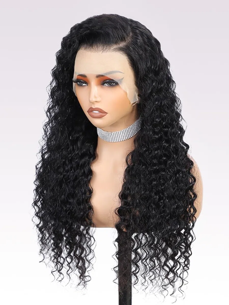 22 Zoll Echthaar Perücke Deep Wave 13X4 Lace Front Human hair Wig,200 Density Deep Curly Glueless HD Transparent Lace Wigs Human Hair For Black Women Pre Plucked,Natural Black (56cm)