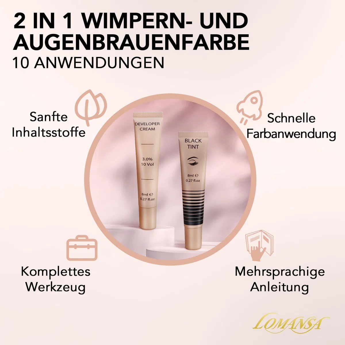 Wimpernfarbe Schwarz, Augenbrauenfarbe und Wimpern Färben, 10 Anwendungen Intensiv Tönung, Zwei Bürstentypen für Einfache Bedienung, Geeignet für Anfänger und Salons