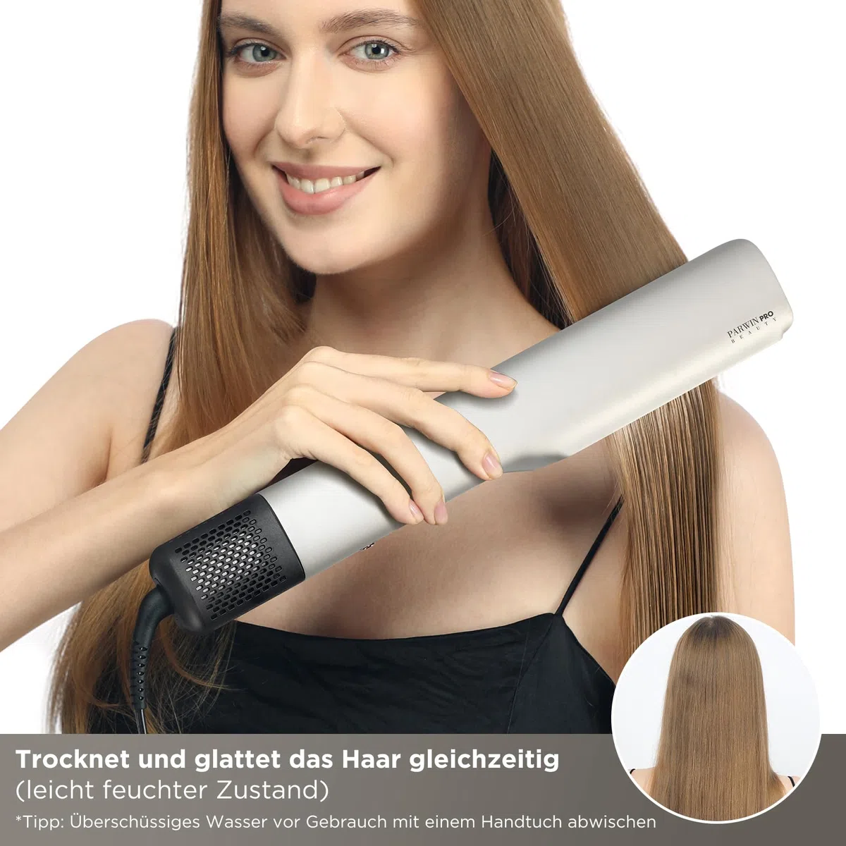 Air Haarglätter, PARWIN PRO BEAUTY Ionen Air Glätteisen, Ohne Heizplatten, Nass bis Trocken, Glätten mit Luft, Max.ca. 160 ℃, für Mittleres Haar und Langes Haar(35-75cm), 1200W, Champagnersilber