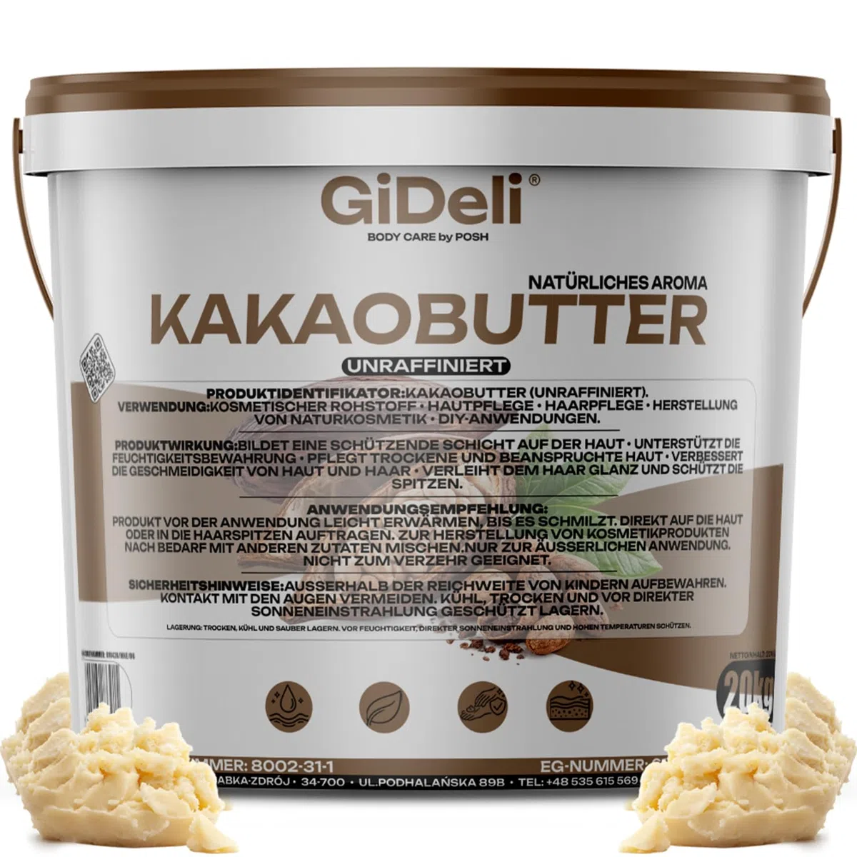GiDeli Kakaobutter 20kg im Eimer - Das Kakaofett Tiefenwirksam Feuchtigkeitsspendend und Regenerierend - Unraffinierte Butter für Haut und Haarpflege - Das Kakaobohnenfett mit Schutzwirkung