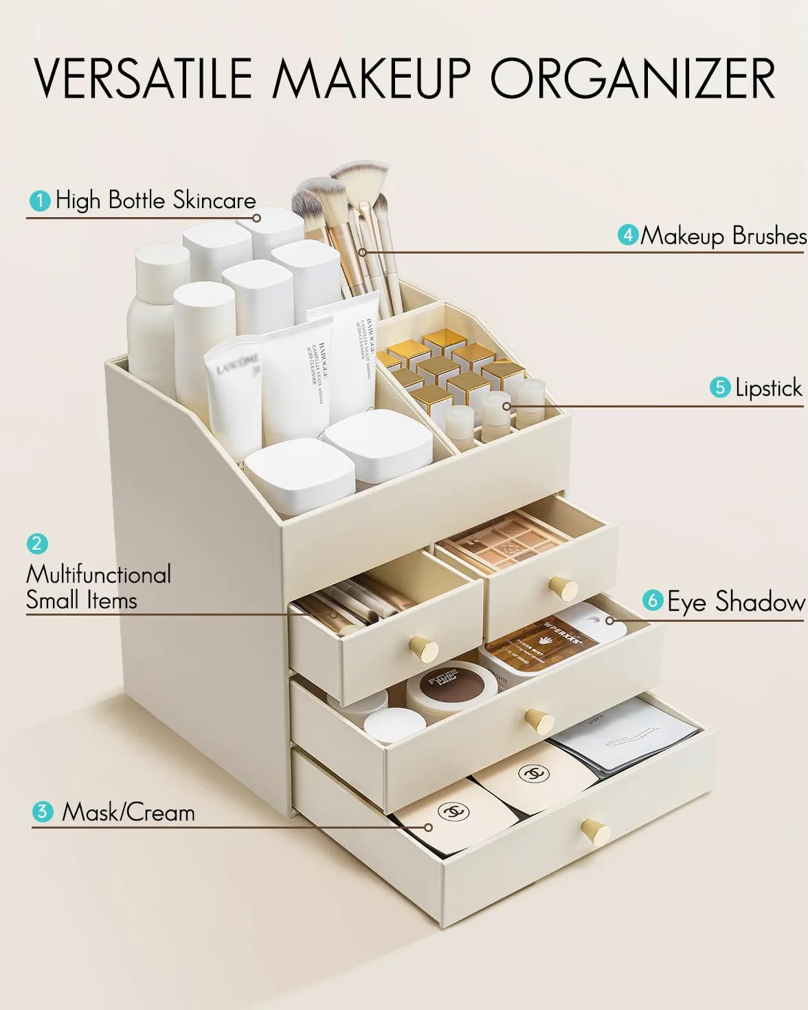 VLANDO Make up Organizer mit 4 Schubladen, Kosmetik Organizer für Badezimmer, Beige