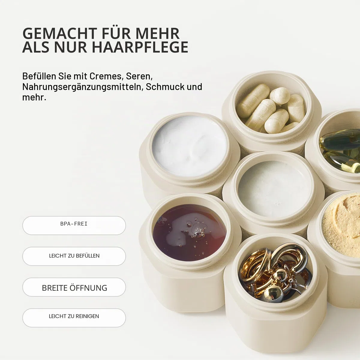 Cadence Reisebehälter Haarpflege-Kapsel-Set – magnetische Behälter mit Deckel, Reiseutensilien für Damen/Herren – 3 Flex-Medien (37,4 g) – Shampoo, Conditioner und Kamm-Symbol-Etiketten – immergrün