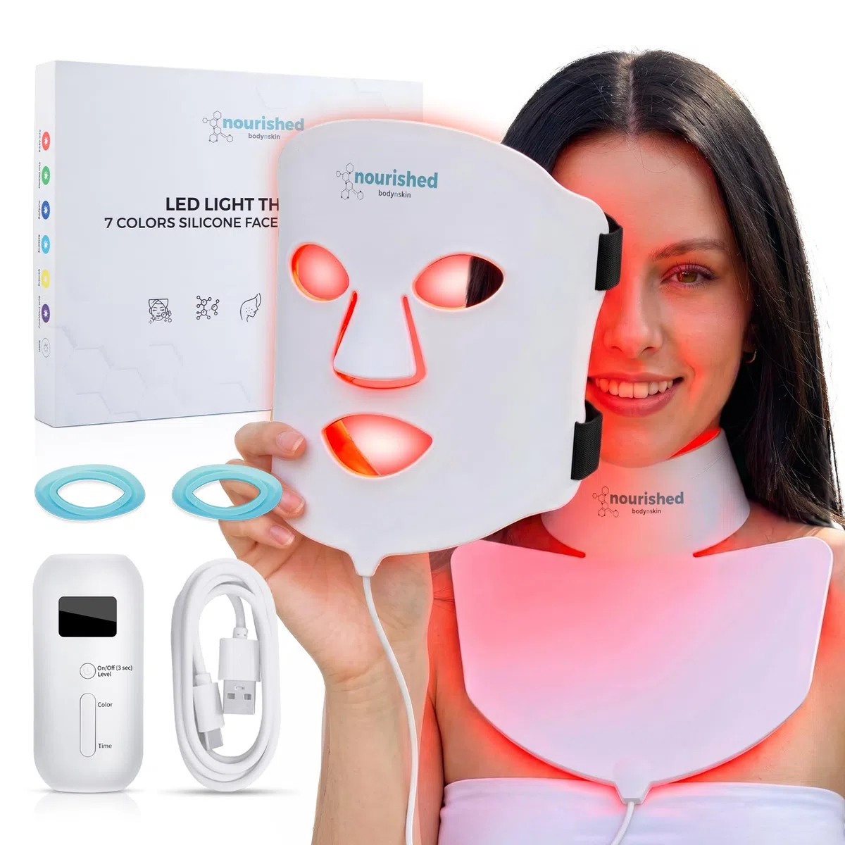 Nourished Bodynskin LED Lichttherapie Gesichts- & Halsmaske - Gesichtspflegegerät - 7 Farben Rot & Blau - Verjüngung, Anti-Aging-Produkt gegen Falten