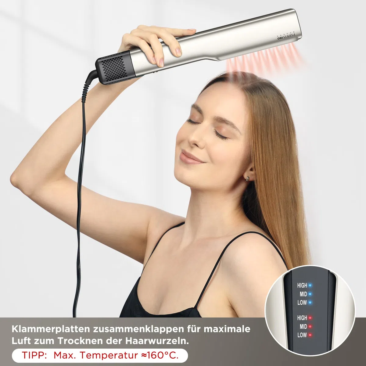 Air Haarglätter, PARWIN PRO BEAUTY Ionen Air Glätteisen, Ohne Heizplatten, Nass bis Trocken, Glätten mit Luft, Max.ca. 160 ℃, für Mittleres Haar und Langes Haar(35-75cm), 1200W, Champagnersilber