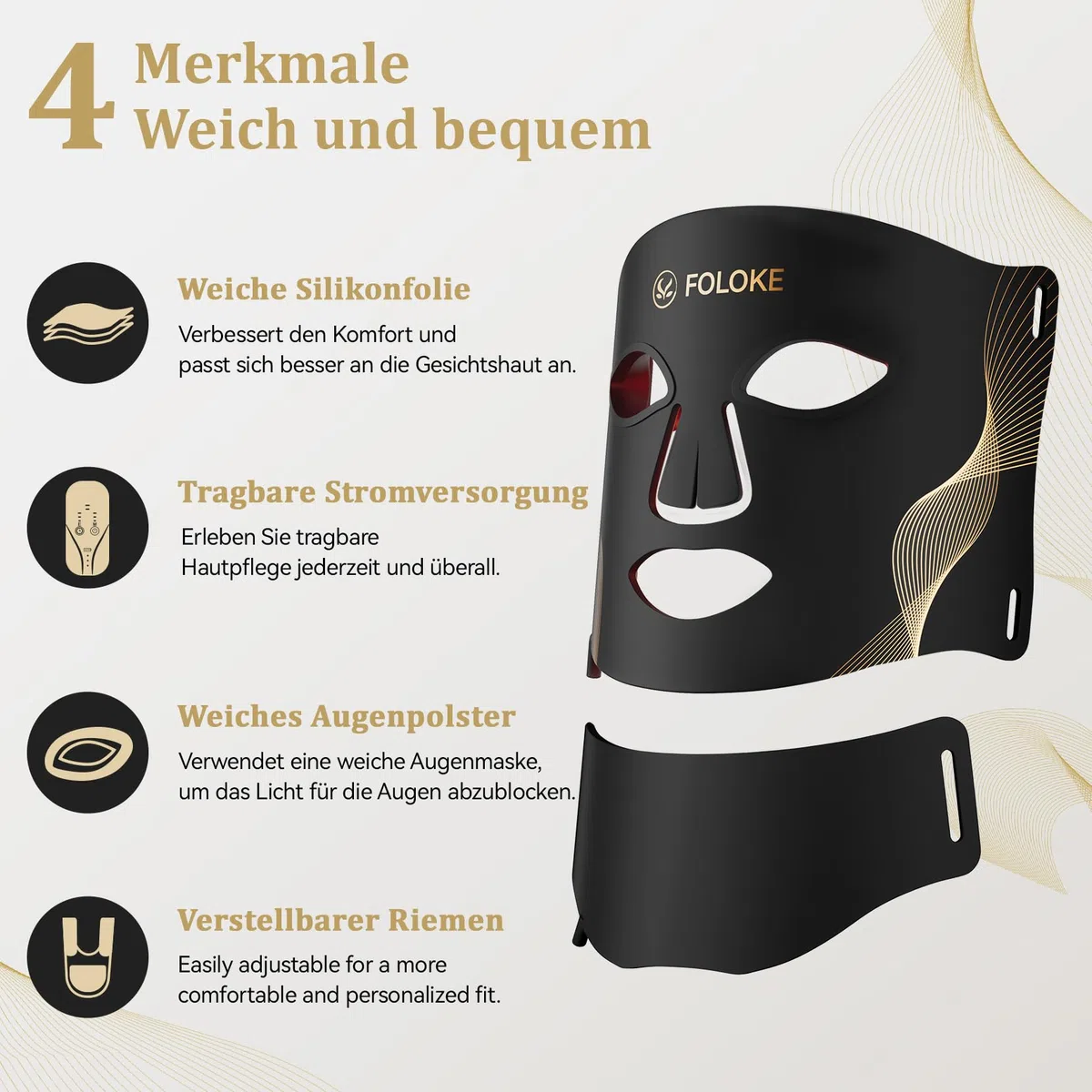 FOLOKE LED Maske Gesicht -LED Lichttherapiemaske für die Gesichtspflege, 7-farbige Lichtwellen, rote Lichtmaske für Gesicht und Hals, rot – 5 Helligkeitsstufen, rote Lichtmaske für zu Hause