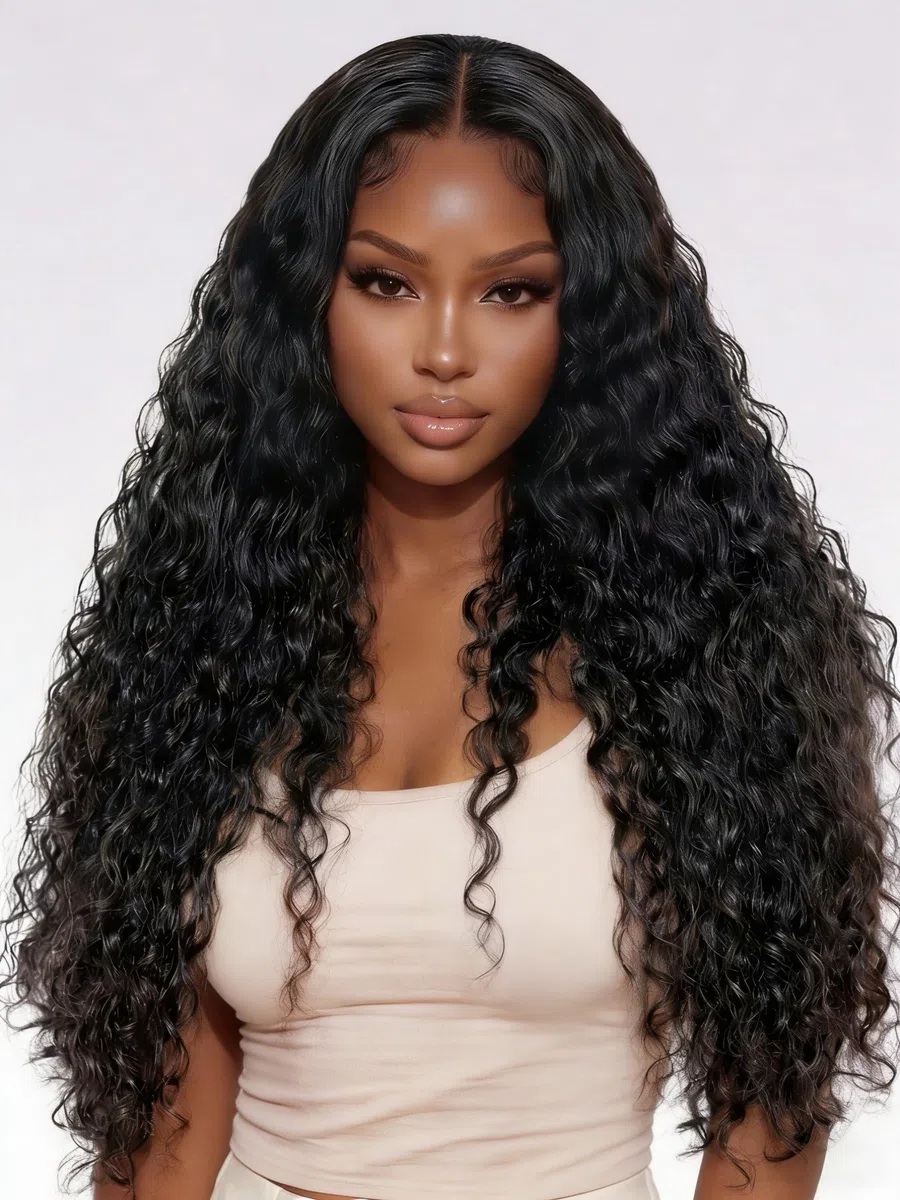 22 Zoll Echthaar Perücke Deep Wave 13X4 Lace Front Human hair Wig,200 Density Deep Curly Glueless HD Transparent Lace Wigs Human Hair For Black Women Pre Plucked,Natural Black (56cm)