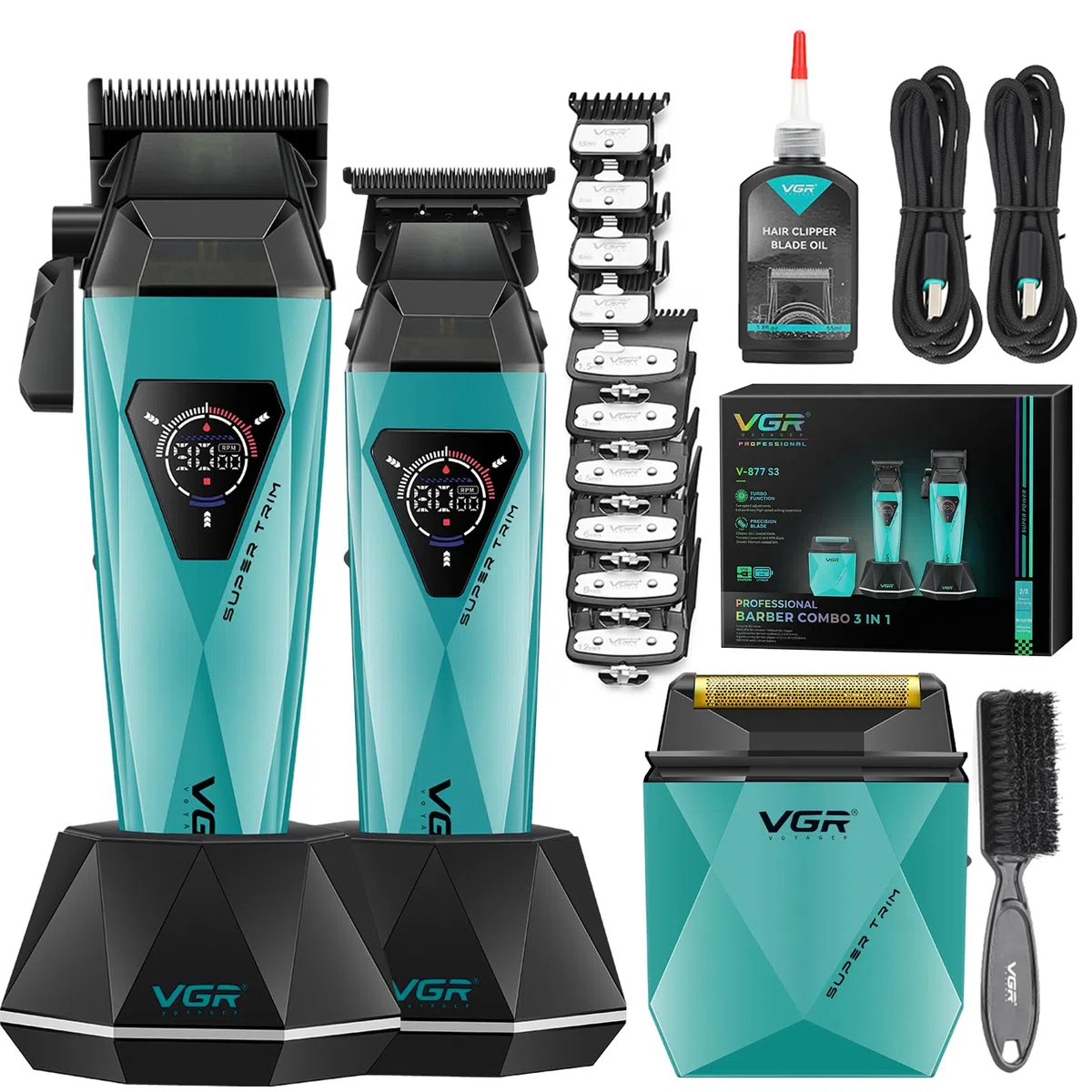 VGR 877S3 Profi Haarschneidemaschine Set, Kabelloser Titanbeschichtete Rasierer, Haarschneider Herren und Präzisionstrimmer mit 8000/9000 U/min Motor, Barber Set mit Ladestation, LED-Display, Grün