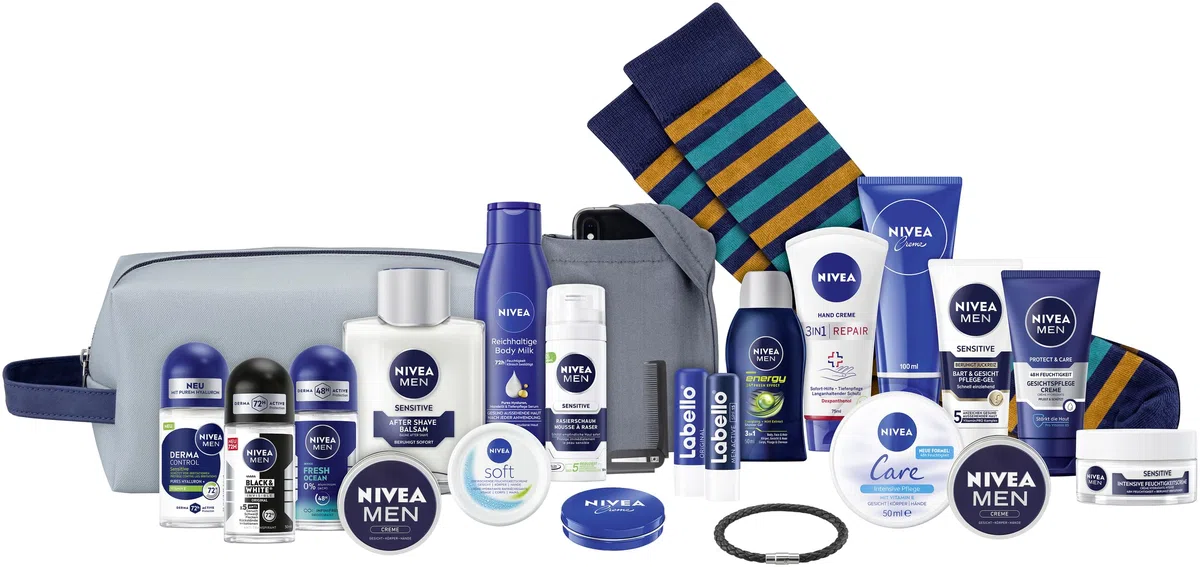 NIVEA MEN Adventskalender 2025-24 Türchen mit verwöhnenden Überraschungen, Weihnachtskalender mit Pflegeprodukten für die Adventszeit, NIVEA MEN, NIVEA und Labello Produkte