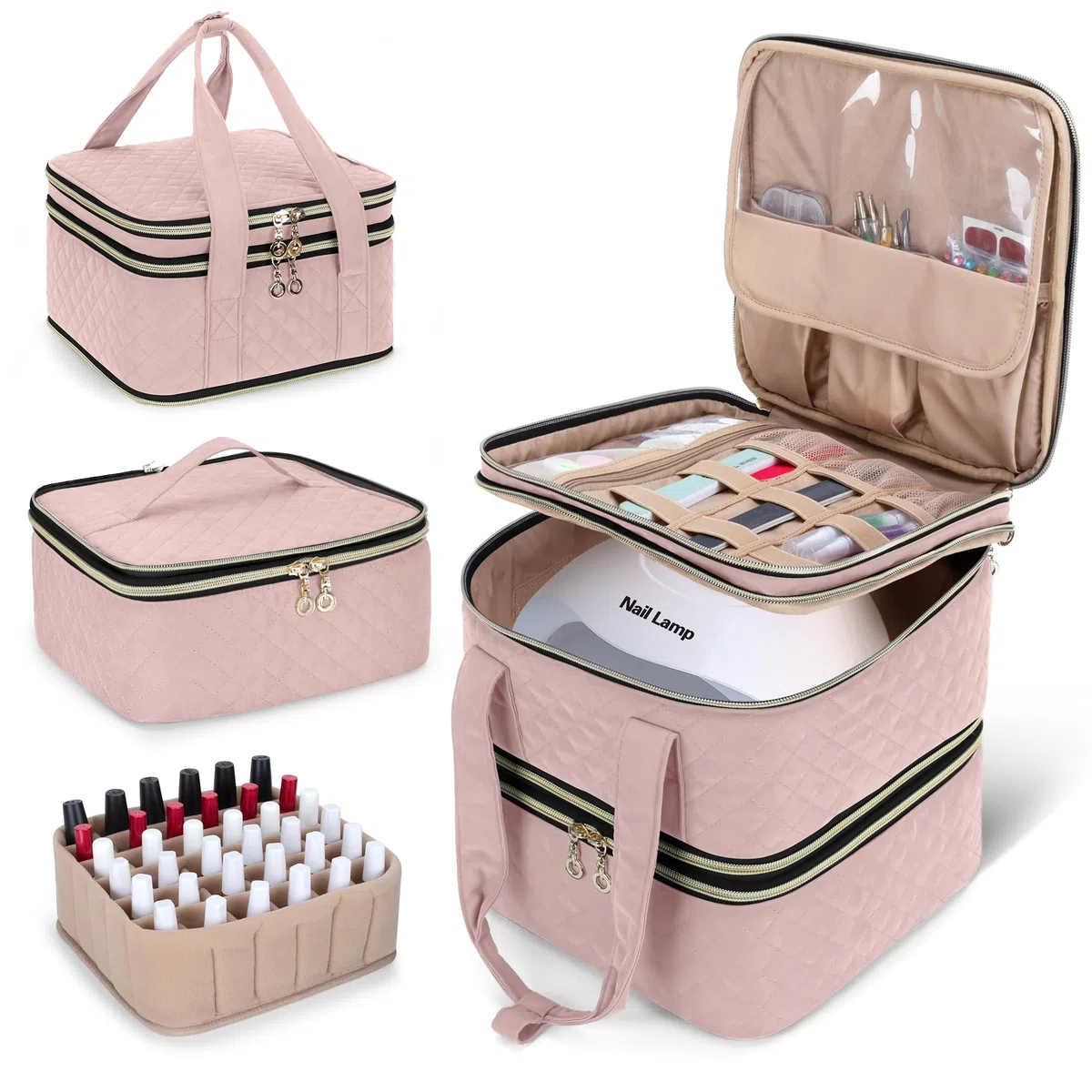 Yarwo Nagellack Aufbewahrung Tasche Kosmetikoffer für 72 Nagellack | Mit Verstellbaren Trennwänden gegen Umkippen, 3 Schichten, Transparenten Taschen und Polsterung für Maniküre und Reise