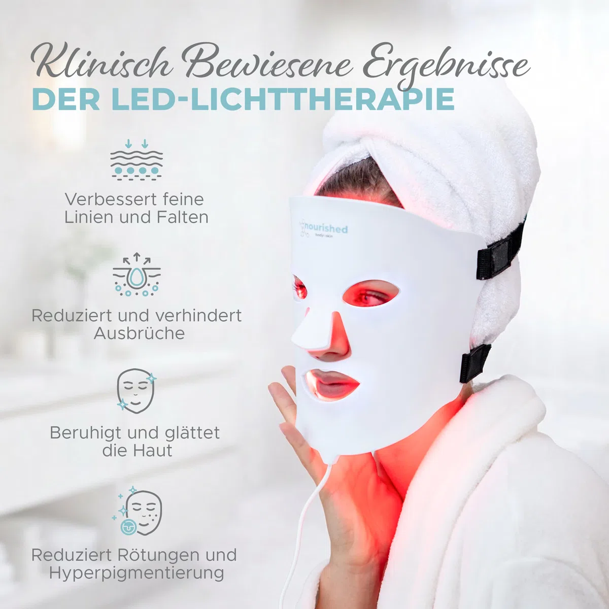 Nourished Bodynskin LED Lichttherapie Gesichts- & Halsmaske - Gesichtspflegegerät - 7 Farben Rot & Blau - Verjüngung, Anti-Aging-Produkt gegen Falten