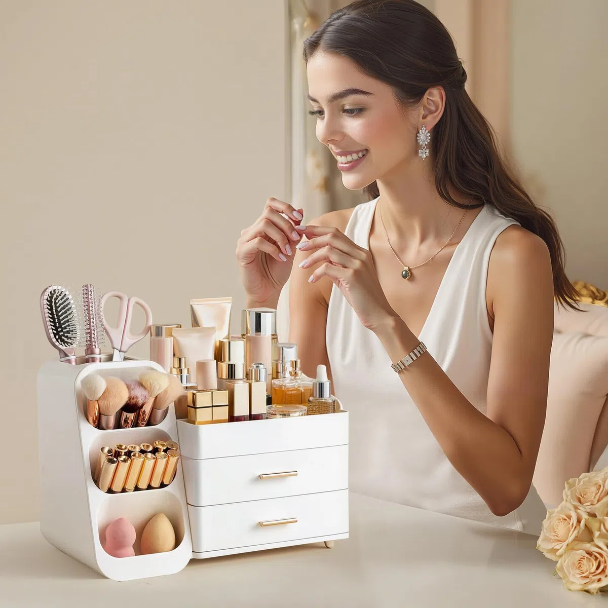 HBlife Makeup Kosmetik Organizer mit Schubladen, 3-in-1 Plastic Aufbewahrungsbox, Große Lagerung Weiß