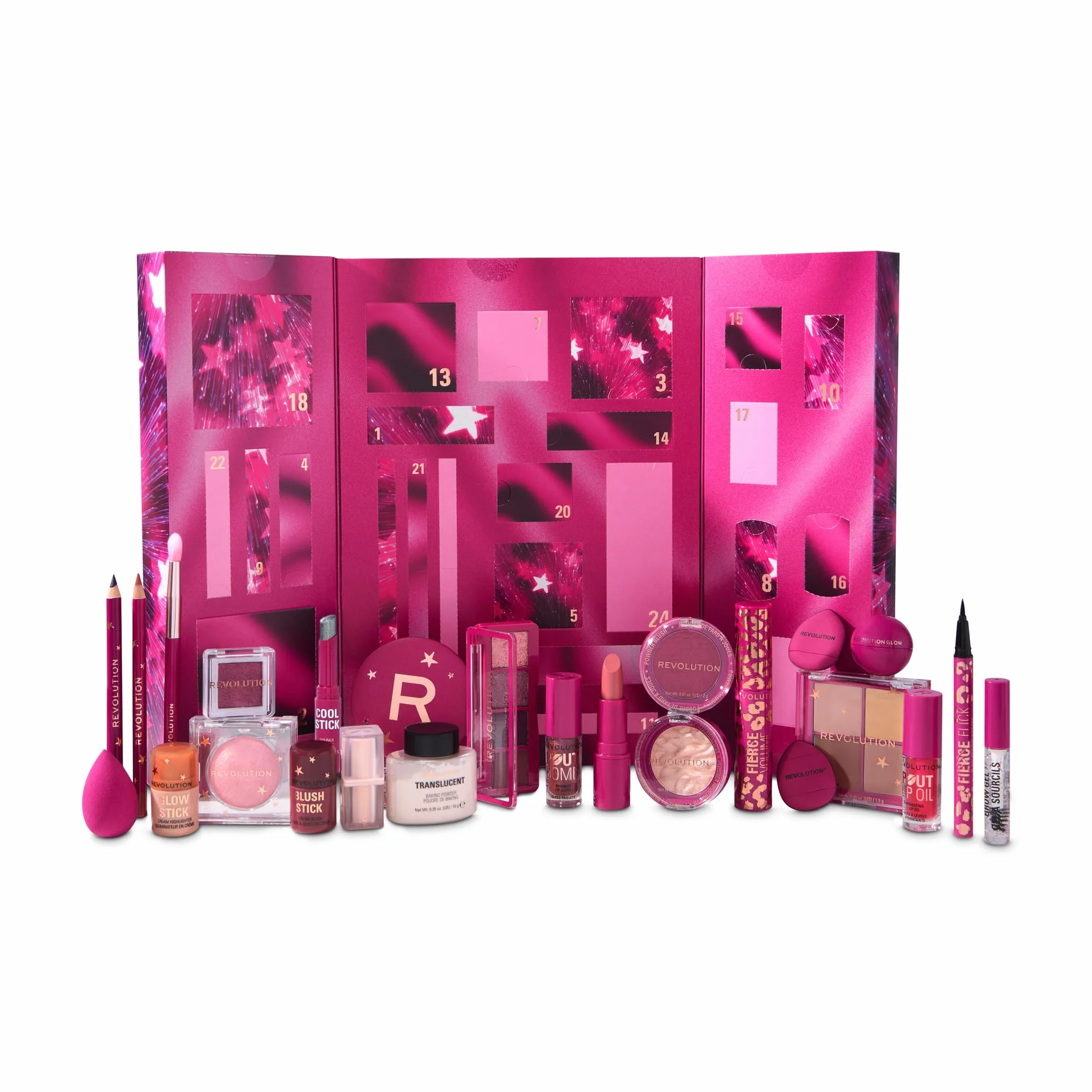 Revolution Makeup Advent Calendar 2025, 24 Beauty-Must-haves, Geschenkset mit Lipgloss, Highlighter, Blush, Pinseln & Mascara, vegan und tierversuchsfrei
