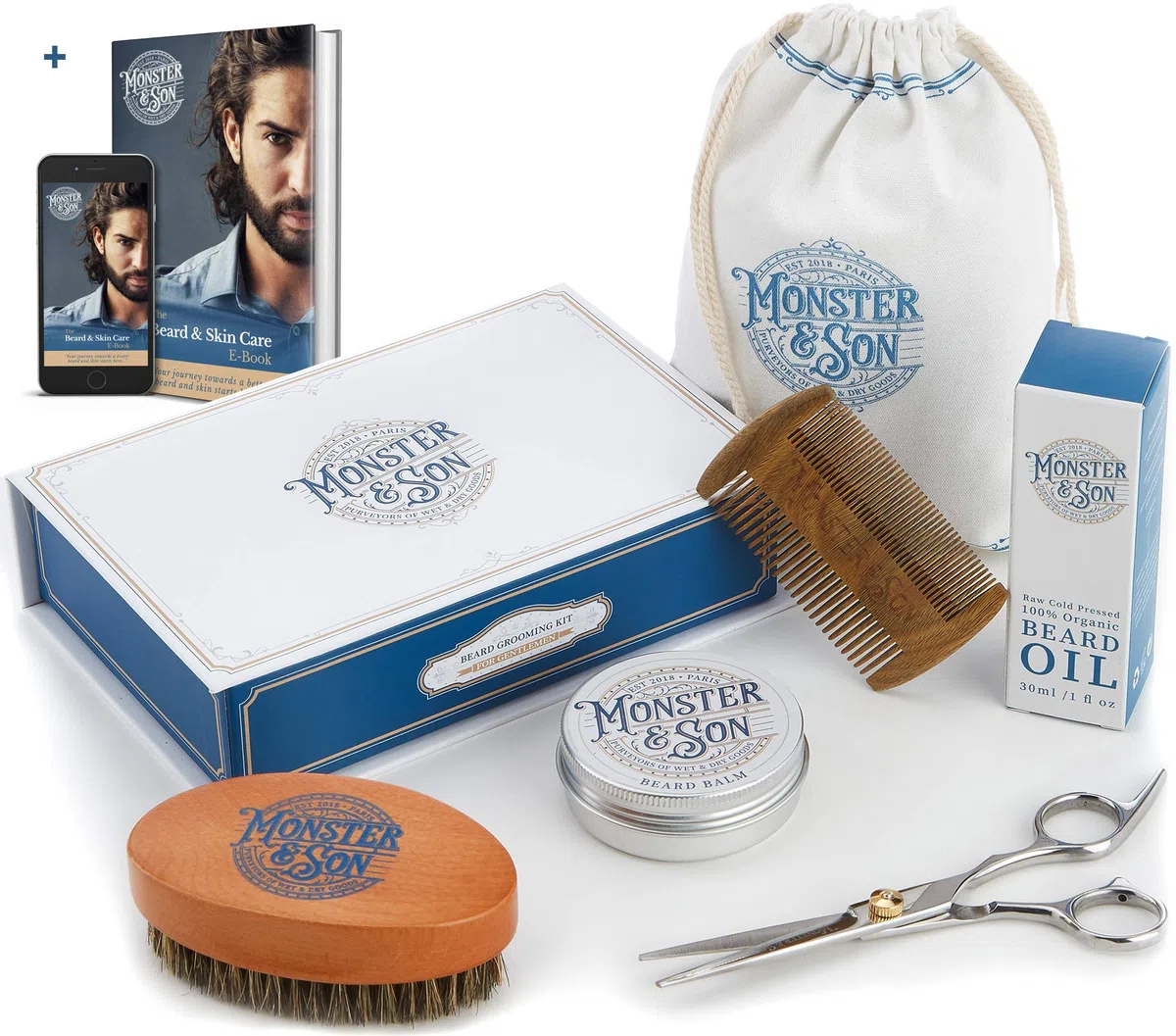 Monster&Son Premium Bartpflege Set 7-Teilig | Bartöl, Bart Balsam, Bart Bürste, Bartkamm, Bartschere, Canvas Reisetasche | Bartpflegeset für Männer, Ideales Geschenkset Herren