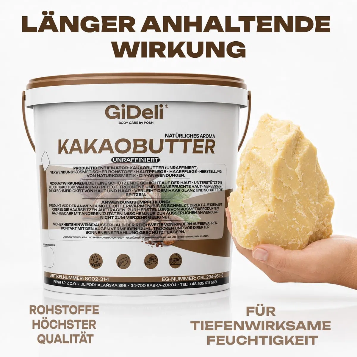 GiDeli Kakaobutter 20kg im Eimer - Das Kakaofett Tiefenwirksam Feuchtigkeitsspendend und Regenerierend - Unraffinierte Butter für Haut und Haarpflege - Das Kakaobohnenfett mit Schutzwirkung