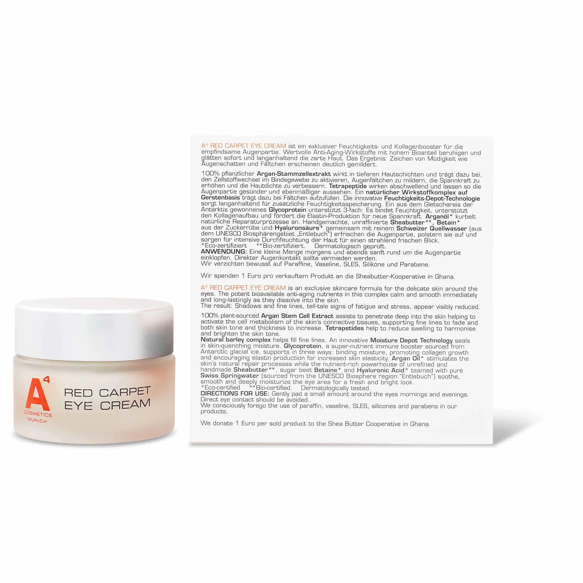 A4 RED CARPET EYE CREAM - Hochdosierte und straffende Anti-Aging Augencreme | bei Augenringen, Tränensäcken, Falten - 15 ml | Clean Beauty Wirkstoffkosmetik auf natürlicher Basis