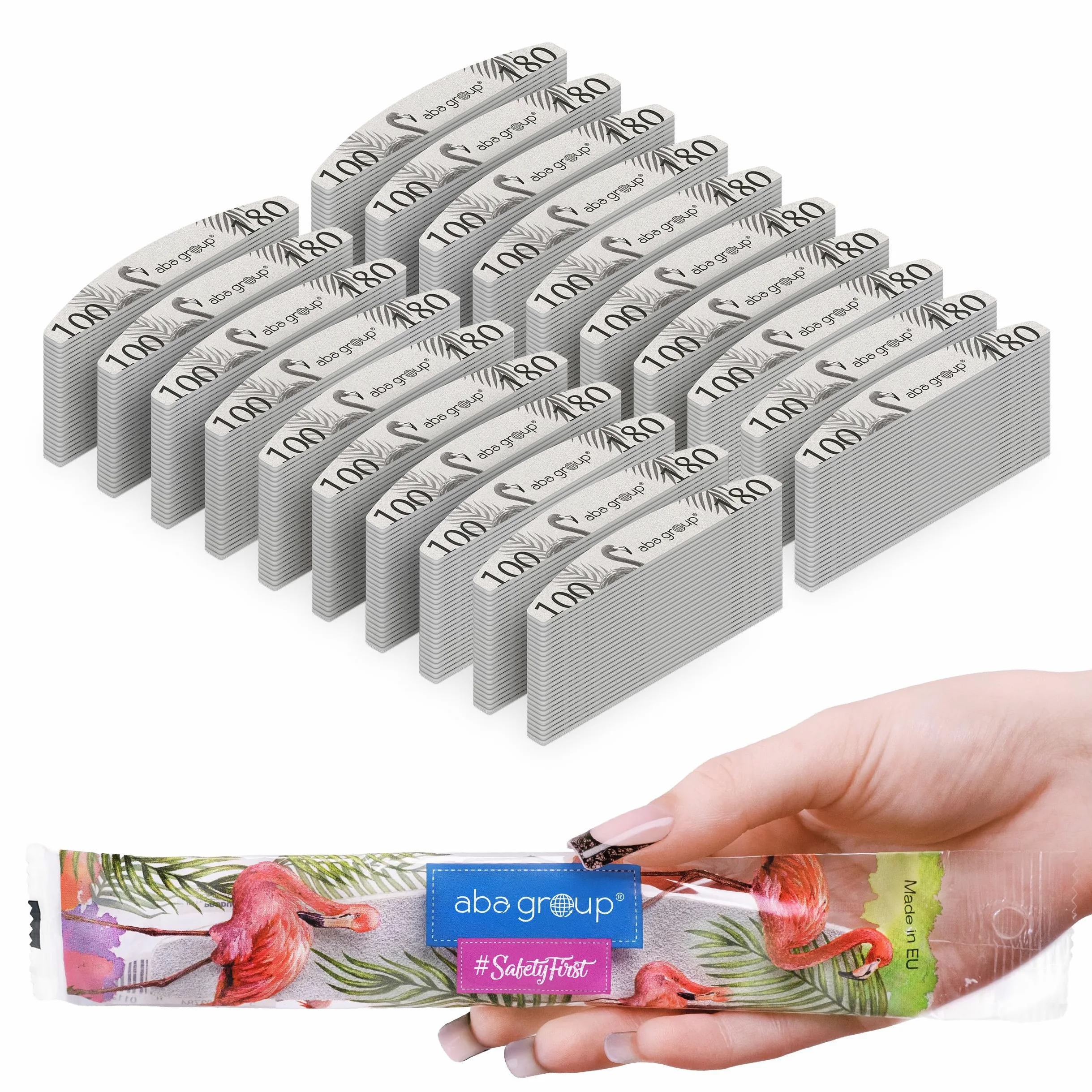 ABA GROUP Nagelfeile 100/180-500 Stück - Halbmond 4 mm Dick - Einzeln Hygienisch Verpackt - Profi Tools für Gel- und Naturnägel, Feilen für Gelnägel, Doppelseitige Nagelpfeile, Nail File Set