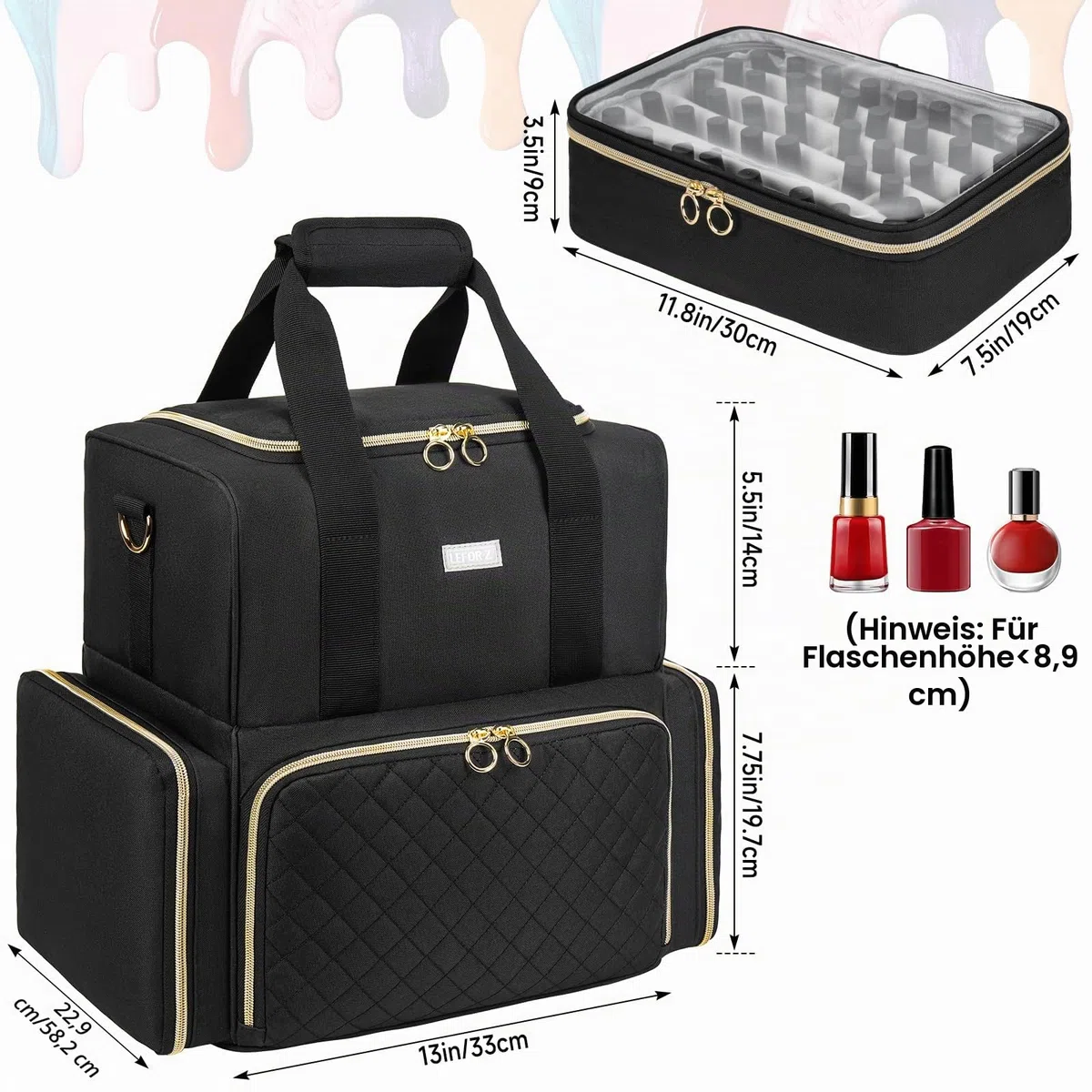 Nagellack Tasche Doppelschichtige Aufbewahrung Organizer für 80 Flaschen 15 ml Nagellampe Schwarz