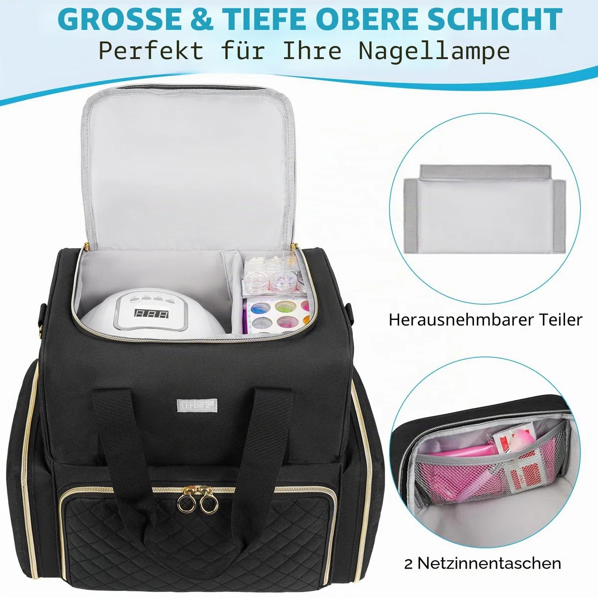 Nagellack Tasche Doppelschichtige Aufbewahrung Organizer für 80 Flaschen 15 ml Nagellampe Schwarz