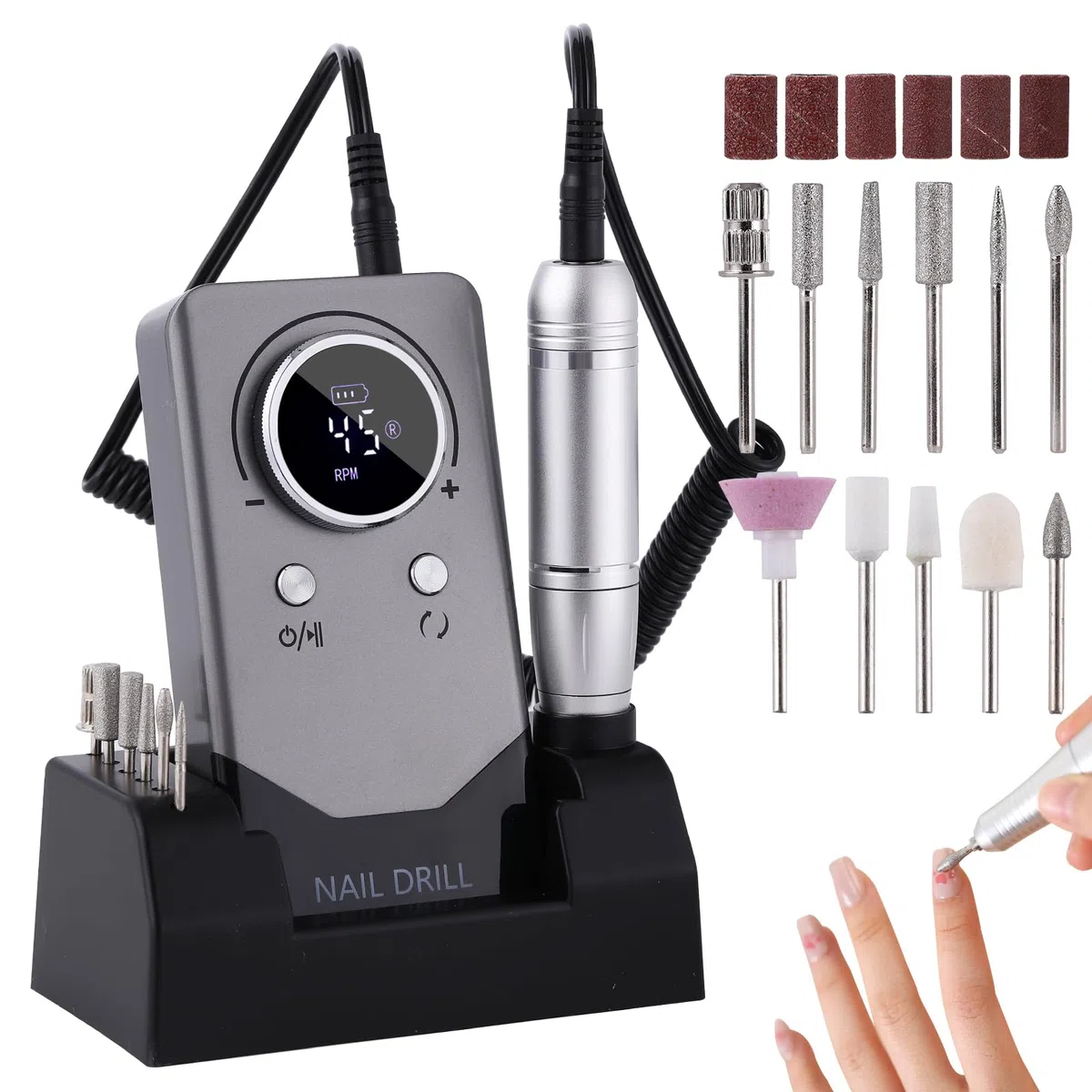 Elektrische 45000RPM Nagelbohrmaschine Wiederaufladbare Tragbare Nagelfeile Elektrische DIY Nagelbohrer-Kit mit Smart LCD Bildschirm für Gelnägel Maniküre und Pediküre Reflektierender Körper usw