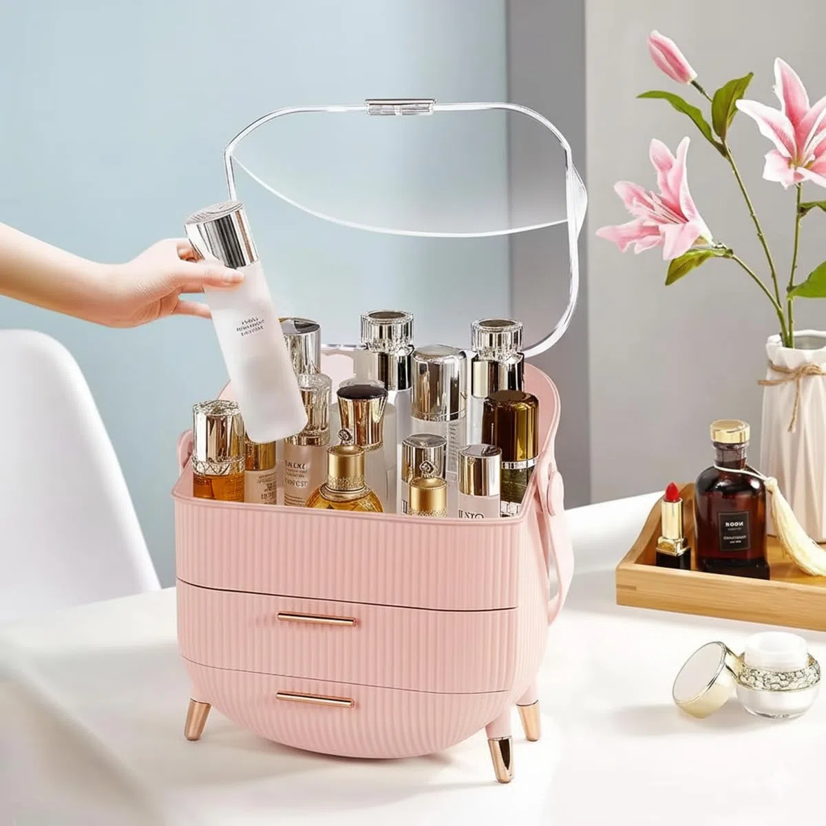 Make Up Organizer Kosmetik Aufbewahrungsbox Rosa tragbar für Schminktisch Badezimmer
