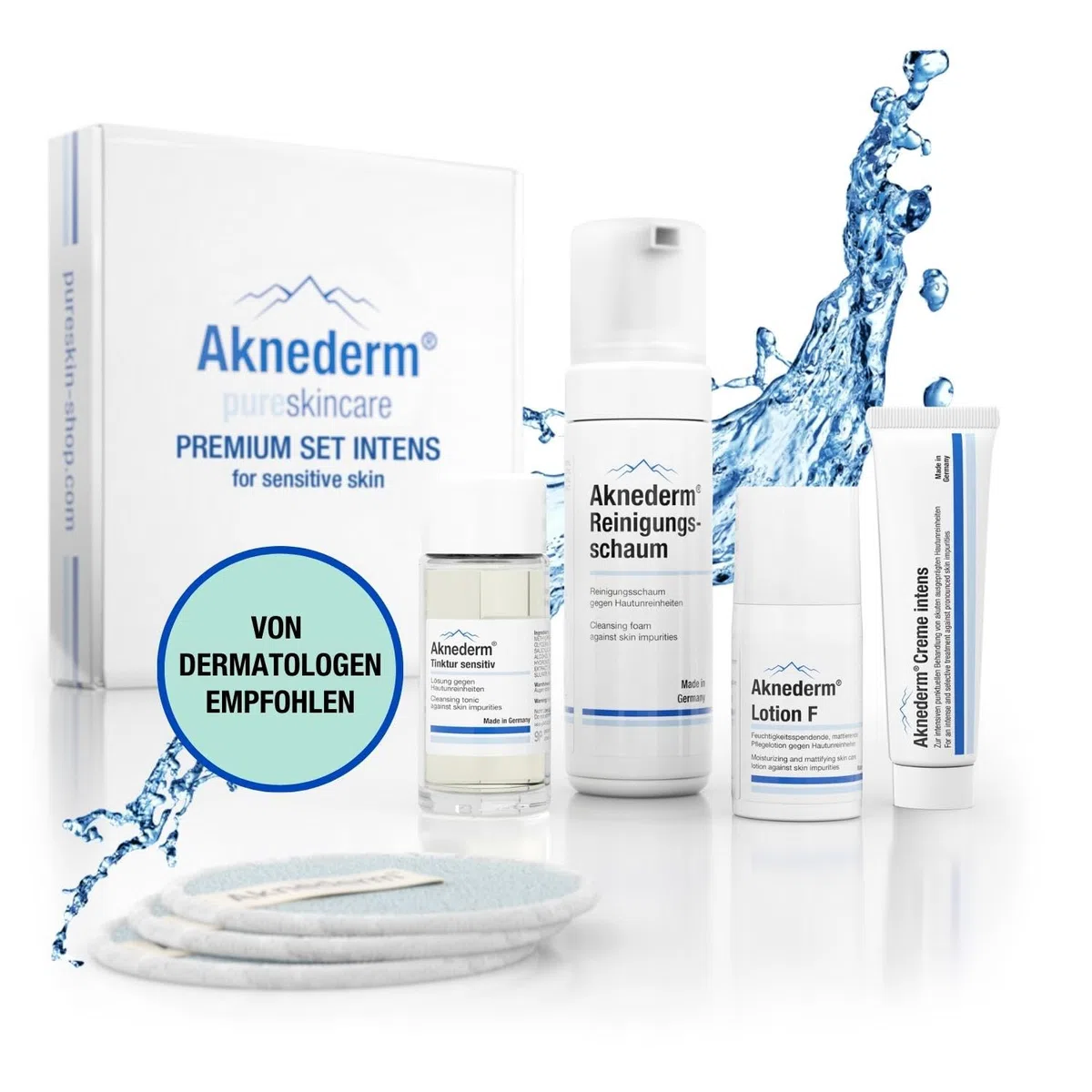 aknederm Premium Set intens für sensible Haut - Set mit Tinktur sensitiv/Reinigungsschaum/Lotion F/Creme intens & Reinigungspads - natürliches Skincare Set - ideal zur Akne Behandlung 230ml