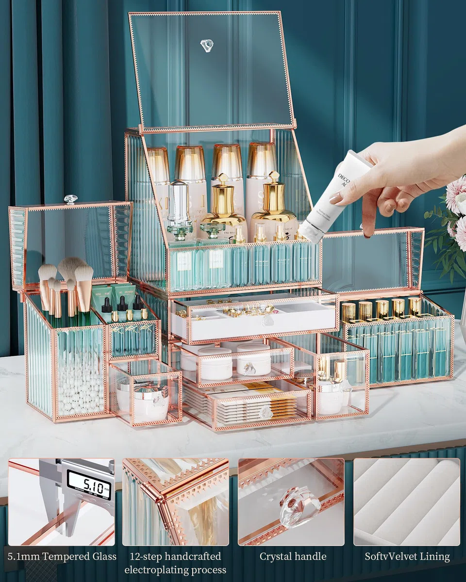 Youdepot Extra Großer Make up Organizer 5-teilig, Kosmetik Organizer aus gehärtetem Glas mit Schubladen, Schmuckbox, Pinselhalter, Skincare, Lippenstift und Parfüm