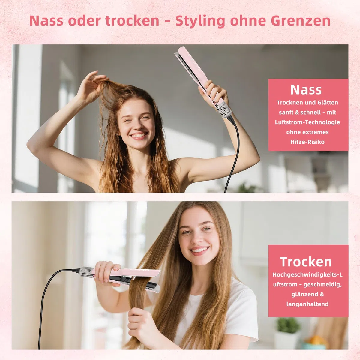 VIKICON Air Haarglätter, Professionelles Ionen Luft-Glätteisen ohne Heizplatten, Glätteisen Locken und Glätten für Mittellanges bis Langes Haar, Haarschonend, Weniger Haarbruch, mehr Glanz, Hellrosa