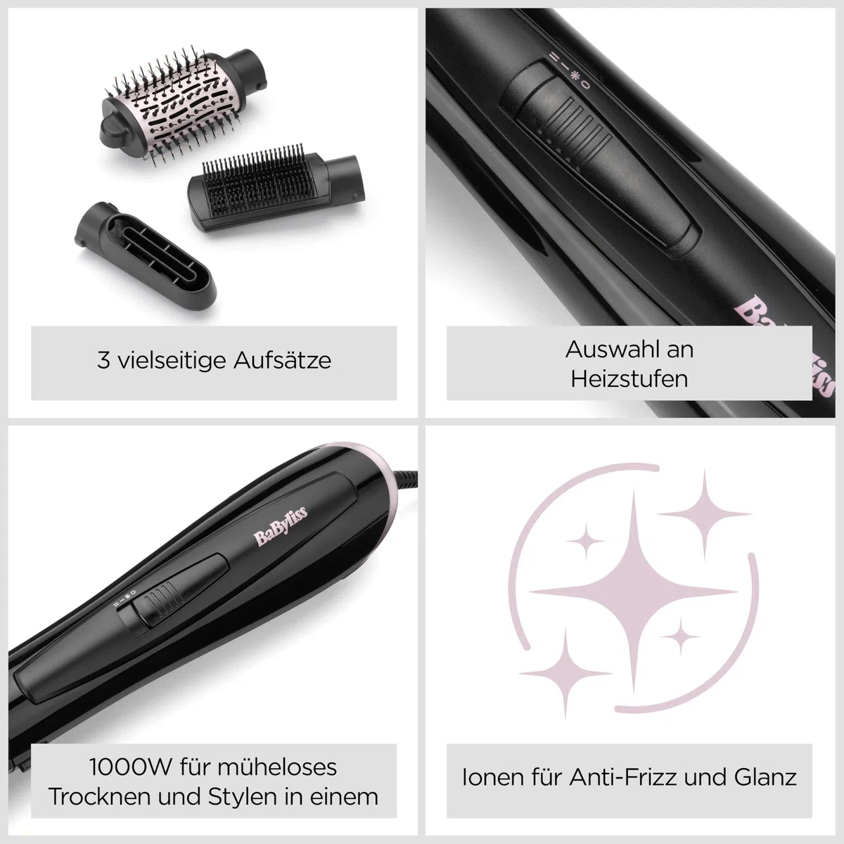 BaByliss Style Smooth 1000, 3-in-1 Warmluftbürste zum Föhnen, Glätten und für Volumen, 1000W, AS128E