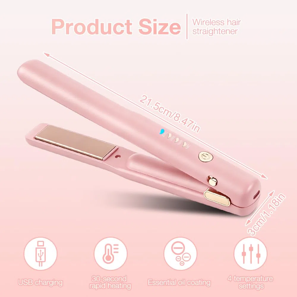 2 In 1 Mini Glätteisen Kabellos und Lockenstab, Hair Straightener, 4 Temperaturen, Wiederaufladbare Glätte, Mini Haarglätter für Langes, Kurze Haare, Glätten, Wellen, Locken Nach Innen (Rosa)