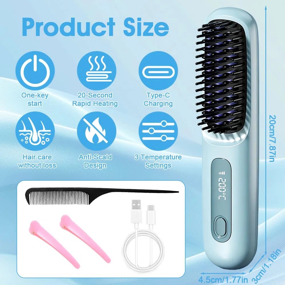 Glättbürste Kabellos, Stylingbürste für Kurze Haare Langes, kabellose Glättbürste Mit Led Anzeige Und 3 Wärmestufen, Haarglätter Bürste Kabellos für Reisen Täglichen Gebrauch