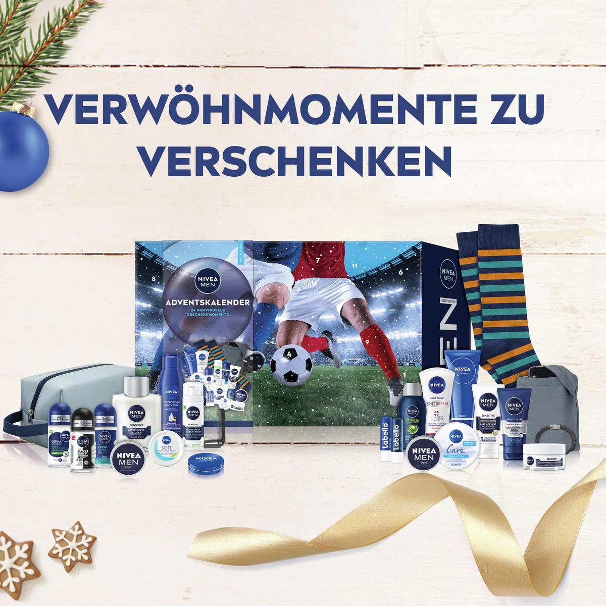 NIVEA MEN Adventskalender 2025-24 Türchen mit verwöhnenden Überraschungen, Weihnachtskalender mit Pflegeprodukten für die Adventszeit, NIVEA MEN, NIVEA und Labello Produkte