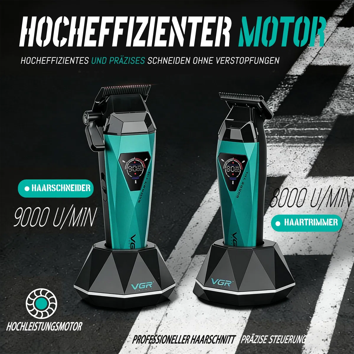 VGR 877S3 Profi Haarschneidemaschine Set, Kabelloser Titanbeschichtete Rasierer, Haarschneider Herren und Präzisionstrimmer mit 8000/9000 U/min Motor, Barber Set mit Ladestation, LED-Display, Grün