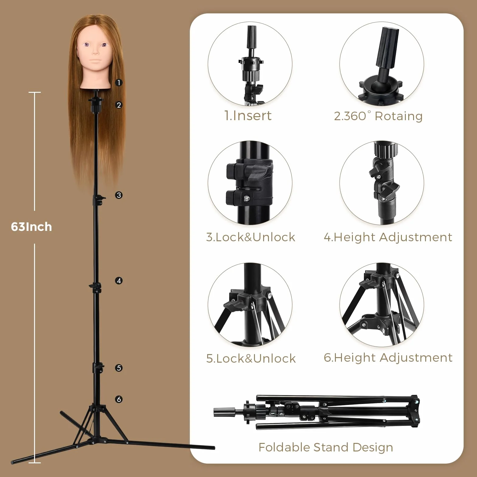 Neverland Frisierkopf Schminkkopf mit Puppenkopf Ständer, 60% Echtes Haar 28 Zoll Übungskopf zum Frisieren und Schminken, Trainingsköpfe für Haar-Styling mit Tischklemme+Haar-Styling-Set