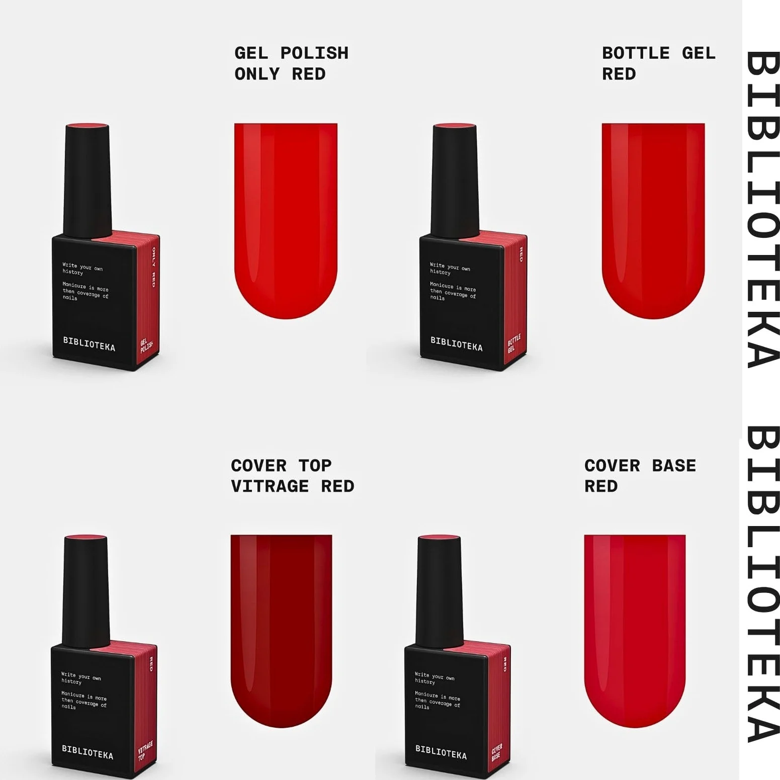 BIBLIOTEKA Red Code Collection Set mit 8 Stück à 10 ml, 5 semi-permanenter Nagellack, Rottöne, Glitter, Katzenauge und reflektierend, Base Cover, Builder Gel und Top Cover, hochpigmentiert.