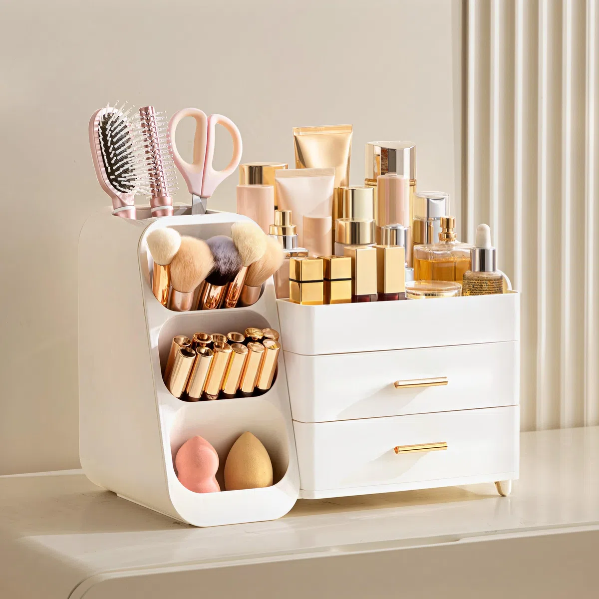 HBlife Makeup Kosmetik Organizer mit Schubladen, 3-in-1 Plastic Aufbewahrungsbox, Große Lagerung Weiß